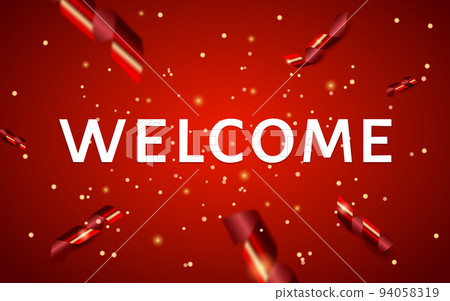 Welcome festive realistic gorgeous banner red flat. Ribbon serpentine glitter shimmery gold splatter new year luxury welcoming poster celebrate christmas open salon casino holiday discount wallpaper 94058319