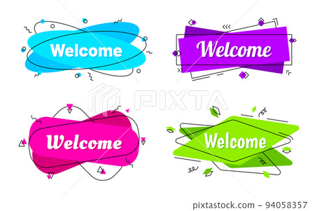 Welcome geometric memphis sticker color flat set. Different font shape line dot circle zigzag rectangle spiral wave arrow modern hipster greeting card invite party sign decor label meeting isolated 94058357