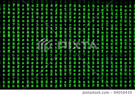 Macro shot of a glitch on the monitor of an office computer. The concept of introducing a virus into a personal data keeper. Stream of random green symbols on a black background Macro shot of a glitch on the monitor of an office computer. The concept of introducing a virus into a personal data keeper. Stream of random green symbols on a black background 94058439