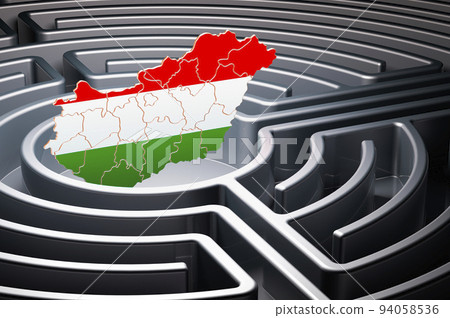 Hungarian map inside labyrinth, 3D rendering Hungarian map inside labyrinth, 3D rendering 94058536