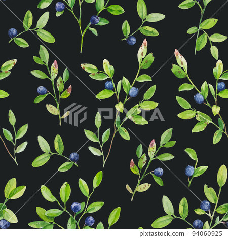 Watercolor illustration of blueberry branches with ripe berries. Seamless pattern with hand drawn elements. 94060925