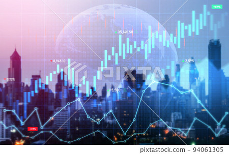 Digital screen and graph overlap modernistic cityscape for business concept. 94061305