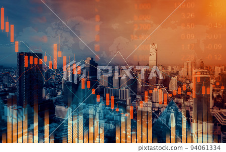 Declining graphs and digital indicators overlap modernistic city background. 94061334