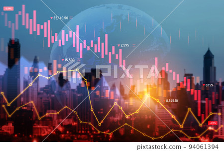Declining graphs of a stock market crash overlap modernistic city. 94061394