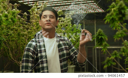 Marijuana farmer smoking rolled marijuana weed joint in curative marijuana farm Marijuana farmer smoking rolled marijuana weed joint in curative marijuana farm 94061457