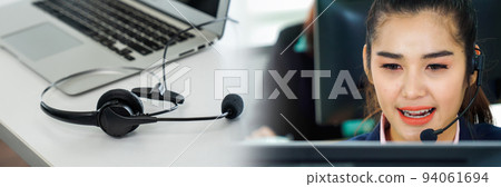 Business people wearing headset working in office in widen view 94061694