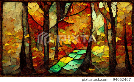 Spectacular autumnal forest abstract in mosaic. Digital art 3D illustration. Spectacular autumnal forest abstract in mosaic. Digital art 3D illustration. 94062467