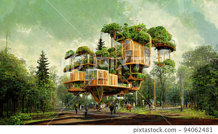 Spectacular image of sustainable tree house. Digital art 3D illustration. 94062481