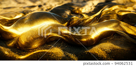 Spectacular glistening gold solid liquid waves abstract. Digital 3D illustration 94062531