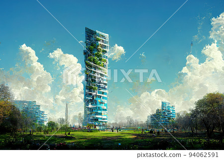 Spectacular digital art 3D illustration eco futuristic city abundant in trees. 94062591