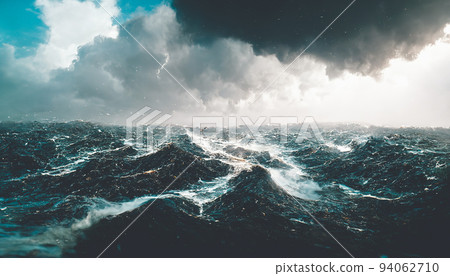 Spectacular stormy ocean with rough wave. Digital art 3D illustration. 94062710