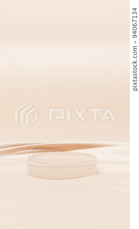 Clear glass pedestal (portrait) on beige background and cloth 94067134