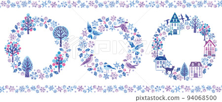 Snow crystal winter illustration round frame set 1 (little bird townscape forest) 94068500