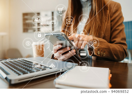 Digital marketing media website ad,social network, SEO, smartphone app in virtual screen.business hand working on laptop with digital layer business strategy .. 94069852