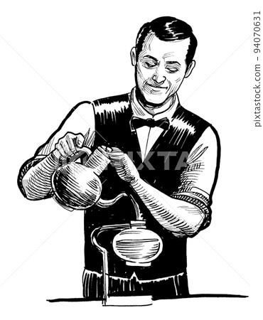 Barista making a cup of coffee. Ink black and white drawing 94070631