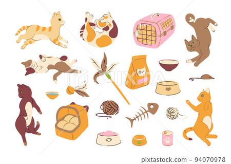 Cat poses doodle set with toys and food. Cats bowls, teasers, carrier and other accesories. Vector illustration 94070978
