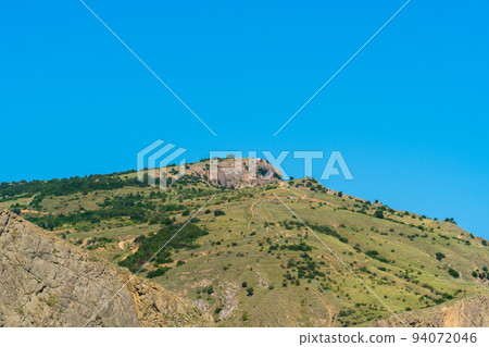 Crimea bay cembalo fortress balaklava flying balaclava mountain panorama rock, from shore tourism for urban for architecture blue, view beach. Embankment marina peninsula, 94072046