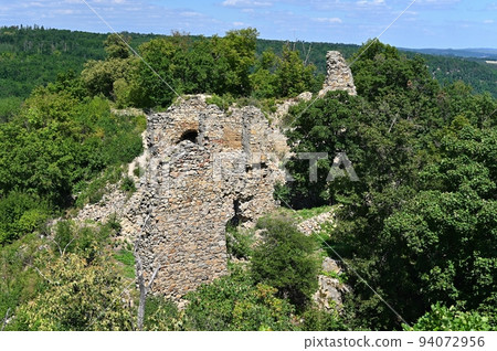 The beautiful old ruins of the Templstejn castle on the hill with the Jihlava river valley. South Moravia - Czech Republic. 94072956
