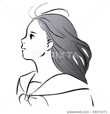 一個女人在風中吹來的輪廓單色線畫插圖 94073271