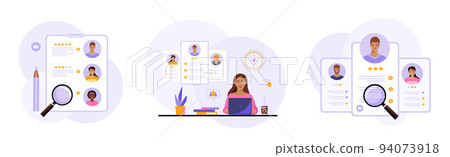 Head hunting concept vector illustration set. Recruitment agency, hiring employee, job listing, resume, vacant job position. Head hunting concept vector illustration set. Recruitment agency, hiring employee, job listing, resume, vacant job position. 94073918