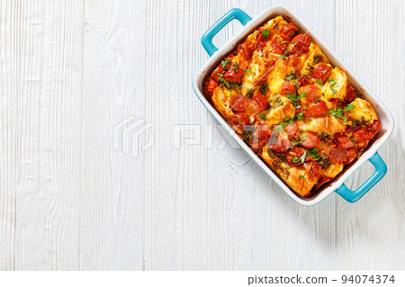 english muffin egg sausage bake, top view english muffin egg sausage bake, top view 94074374