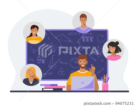 Online courses. Online education concept. The teacher sits at the table in the classroom at the lesson. Online courses. Online education concept. The teacher sits at the table in the classroom at the lesson. 94075231