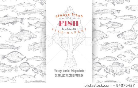 Fish label with seamless pattern 94076487