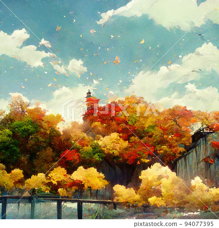 anime autumn scenery with falling leaves in day... - Stock Illustration ...