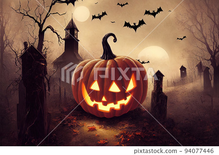 scary halloween pumpkin in graveyard 94077446