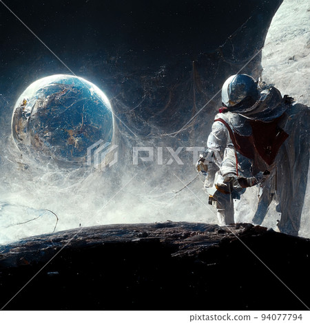 Astronaut, spacewalk on the Moon surface watching planet Earth from space. Astronaut, spacewalk on the Moon surface watching planet Earth from space. 94077794