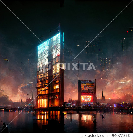 metaverse buildings, reflections, octane render, big city with a lot of lights 94077838
