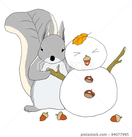 Japanese squirrel with winter fur that makes a snowman with branches and acorns Japanese squirrel with winter fur that makes a snowman with branches and acorns 94077995