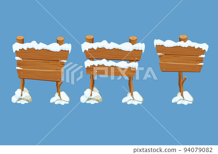Set winter old wooden blank, signboard with snow in cartoon style.Empty frames, direction plank isolated on blue background. Season decoration 94079082