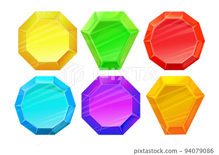 Diamond set in different colors, gemstone jewel in cartoon style isolated on white background. Collection crystals. Ui game asset. Diamond set in different colors, gemstone jewel in cartoon style isolated on white background. Collection crystals. Ui game asset. 94079086