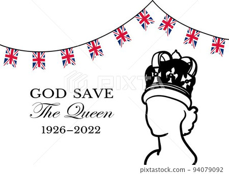 The Queens death. RIP, God save the Queen. Rest in peace poster with silhouette on flag background. Vector illustration for Her Majesty on her 96 years The Queens death. RIP, God save the Queen. Rest in peace poster with silhouette on flag background. Vector illustration for Her Majesty on her 96 years 94079092