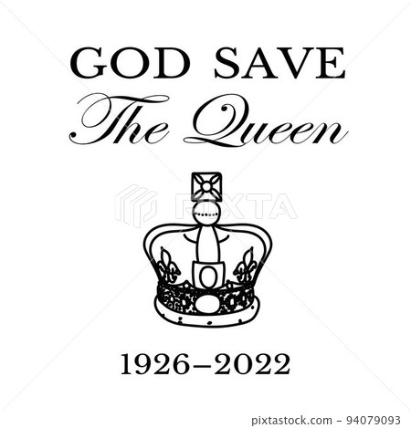The Queens death. RIP, God save the Queen. Rest in peace poster with silhouette on flag background. Vector illustration for Her Majesty on her 96 years The Queens death. RIP, God save the Queen. Rest in peace poster with silhouette on flag background. Vector illustration for Her Majesty on her 96 years 94079093