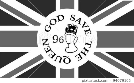 The Queens death. RIP, God save the Queen. Rest in peace poster with silhouette on flag background. Vector illustration for Her Majesty on her 96 years The Queens death. RIP, God save the Queen. Rest in peace poster with silhouette on flag background. Vector illustration for Her Majesty on her 96 years 94079105