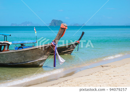 longtail boat on Tubkaak beach ready to Hong island, Krabi, Thailand. landmark, destination Southeast Asia Travel, vacation and holiday concept 94079257