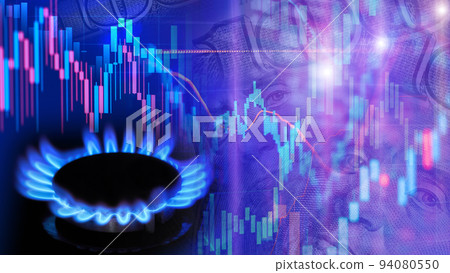 Natural gas cost growth concept with gas burners and stock charts Natural gas cost growth concept with gas burners and stock charts 94080550