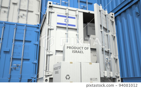 Cartons with goods from Israel and shipping containers in the port terminal or warehouse. National production related conceptual 3D rendering 94081012