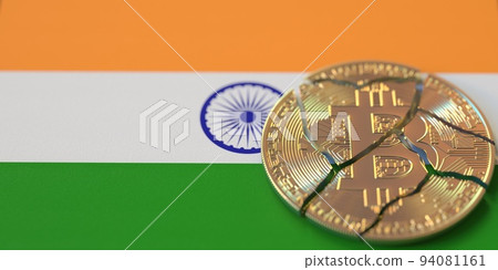 Broken bitcoin on the flag of India. Legal issues and cryptocurrency regulations problems concepts, 3d rendering 94081161