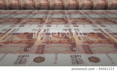 5000 Russian rubles bills on money printing machine. Printing cash. Banknotes. 3D render. 5000 Russian rubles bills on money printing machine. Printing cash. Banknotes. 3D render. 94081213