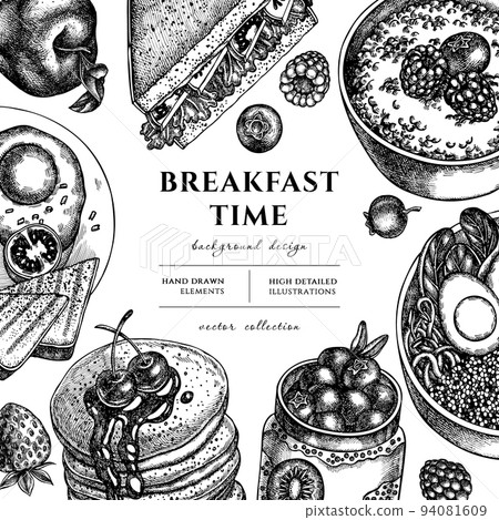 Breakfast hand drawn illustration design. Background with sketch sandwich, pancakes, bowl with avocado, porridge with berries, chia pudding, fried eggs, raspberry, blueberry, strawberry, apples. Breakfast hand drawn illustration design. Background with sketch sandwich, pancakes, bowl with avocado, porridge with berries, chia pudding, fried eggs, raspberry, blueberry, strawberry, apples. 94081609