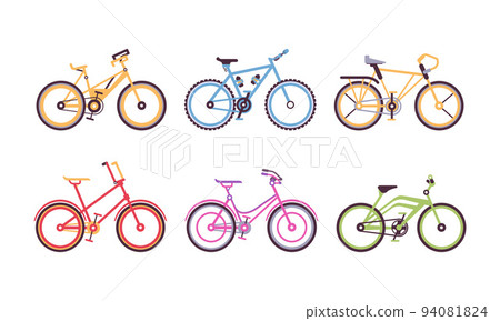 Different Bicycles or Cycle with Pedal and Two Wheels Attached to Frame Vector Set Different Bicycles or Cycle with Pedal and Two Wheels Attached to Frame Vector Set 94081824