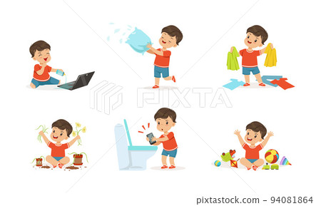 Naughty Little Boy Playing Games and Making Mess Around Vector Set 94081864