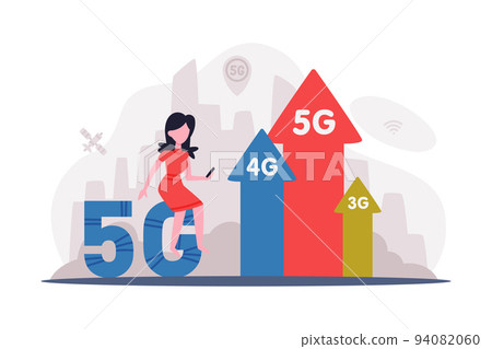 5G network wireless technology. Girl with smartphone using high speed mobile internet for working and communication cartoon vector illustration 5G network wireless technology. Girl with smartphone using high speed mobile internet for working and communication cartoon vector illustration 94082060