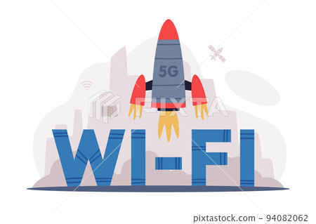 High speed wireless internet technology with rocket launching. Global network with high speed connection cartoon vector illustration 94082062