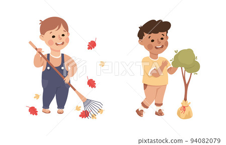 Cute Little Boy with Rake Cleaning and Planting Tree Caring About Earth Planet Saving World Vector Set 94082079
