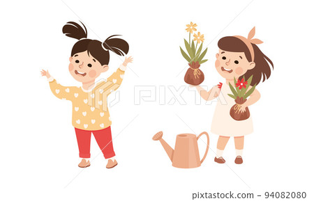 Cute Little Girl with Watering Can and Plant Caring About Earth Planet Saving World Vector Set 94082080