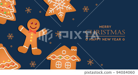 christmas greeting card with gingerbread cookies decoration on blue background 94084060